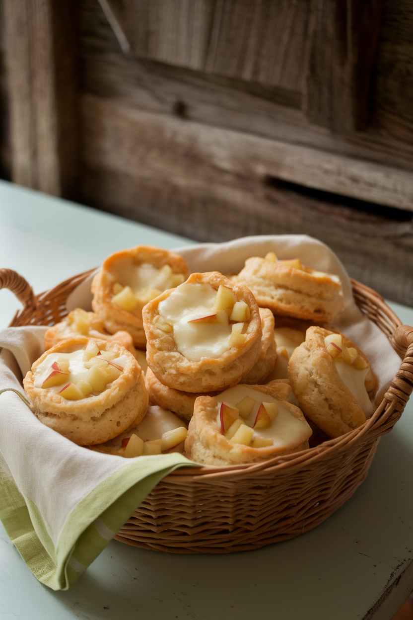 Basket on an indoor table filled with flaky biscuits dotted with apple pieces and melted cheddar pockets, cloth napkin underneath. No logos or text.
