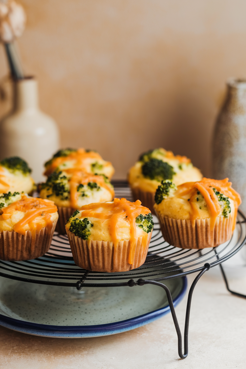 An indoor breakfast setting with a wire rack holding several golden egg muffins dotted with green broccoli and melted cheddar. No text or logos. Photo, not illustration.
