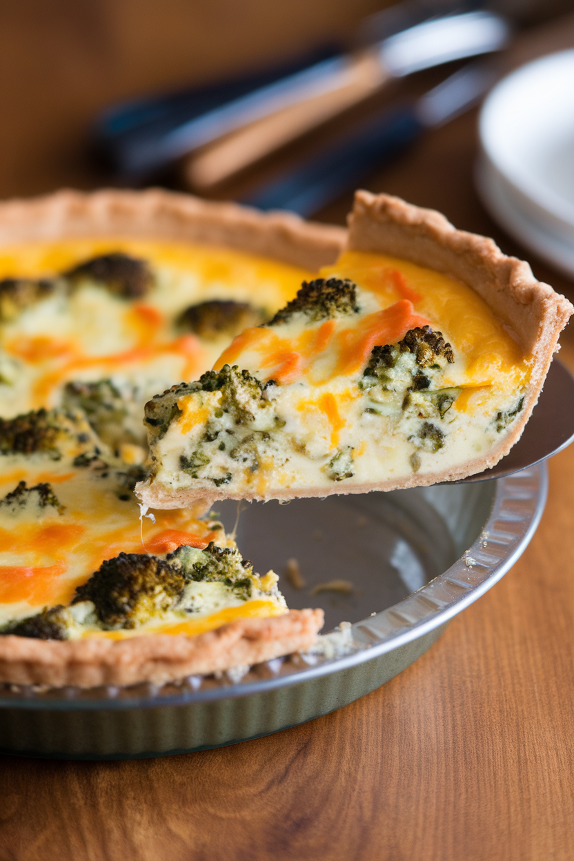A pie plate indoors showing a slice of broccoli cheddar quiche lifted out, custard set and cheese melted. No text or logos. Photo.