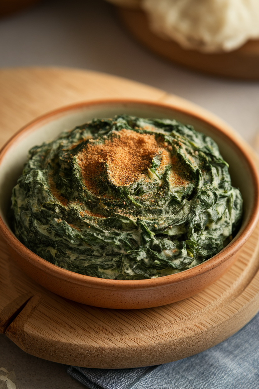 Indoor photo of a shallow dish holding velvety creamed spinach topped with a dusting of nutmeg. No text or logos.