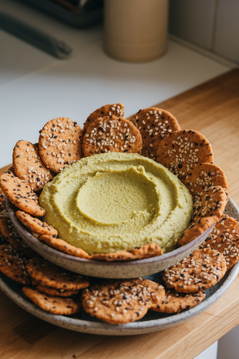 An indoor countertop scene featuring a pale green edamame hummus in a low bowl, surrounded by homemade seed crackers sprinkled with sesame. Soft spotlighting; no text or logos present. Photo only.