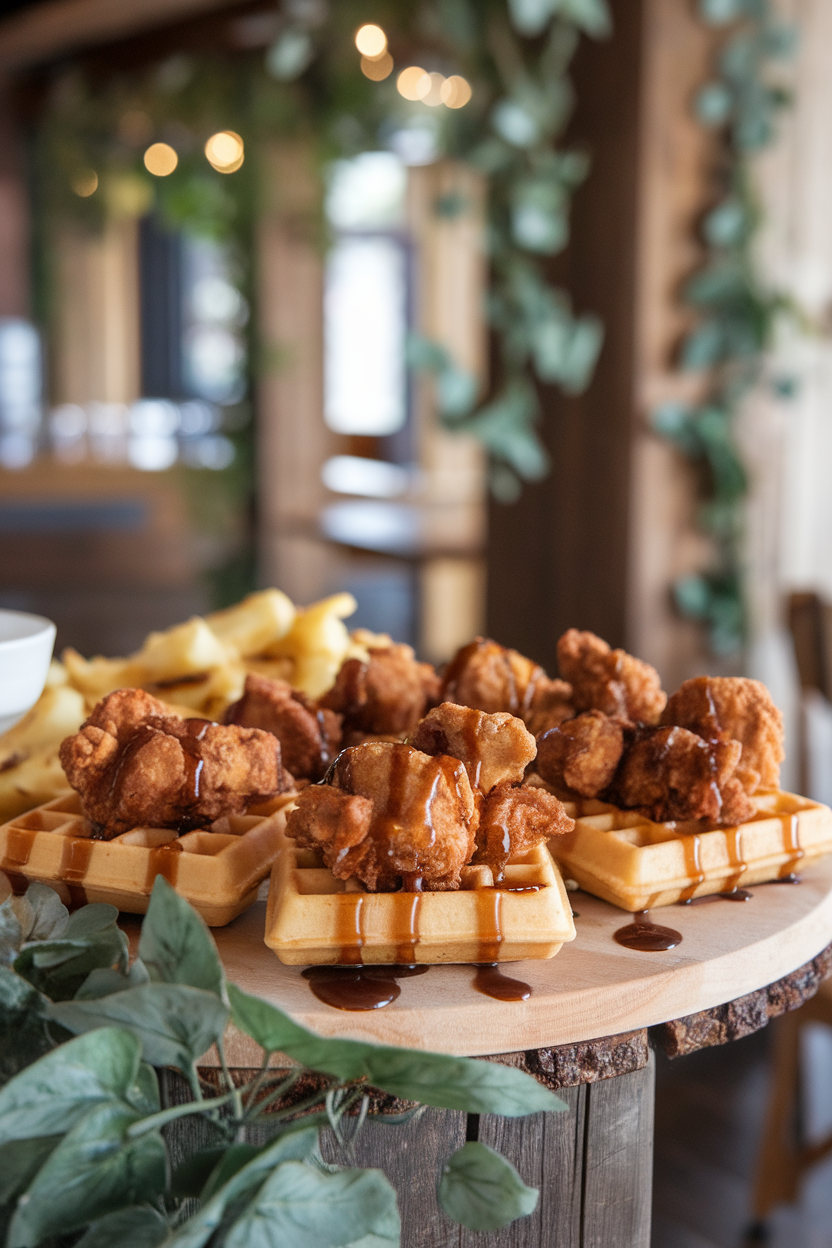 An indoor brunch board displaying bite-sized waffles topped with crispy fried chicken pieces and drizzled maple syrup, no logos.