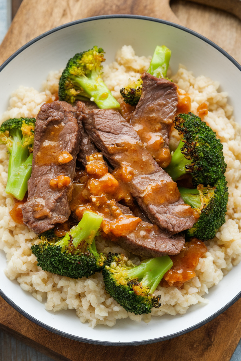 Indoor wok scene of lean beef strips and vibrant broccoli florets in a glossy ginger-garlic sauce, served over cauliflower rice. No text or logos; photo.