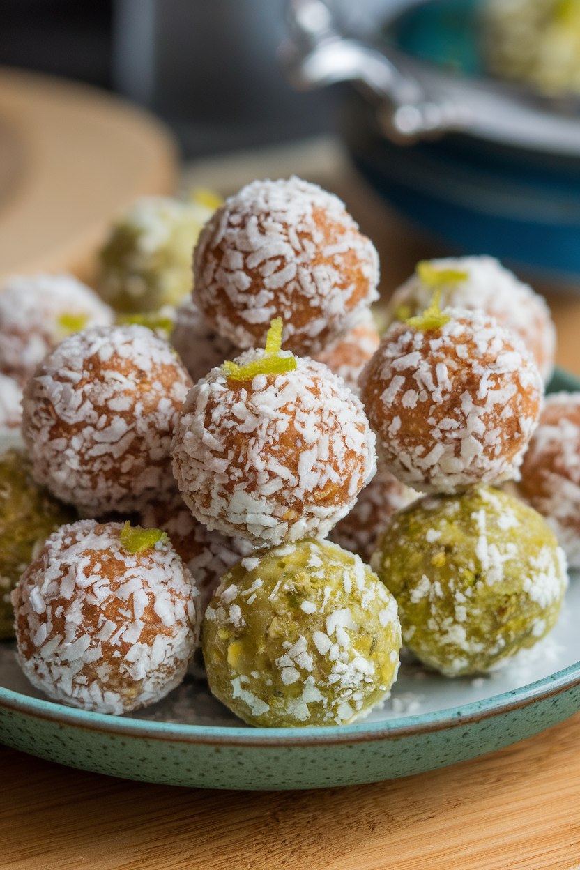Indoor plate of small round coconut-coated energy balls, lime zest sprinkled lightly. No text or logos. Photo only.