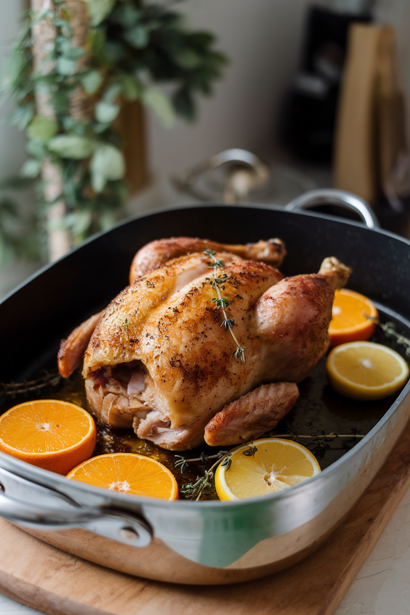 Indoor roasting pan holding carved roast chicken surrounded by orange and lemon slices, thyme sprigs scattered; no text or logos