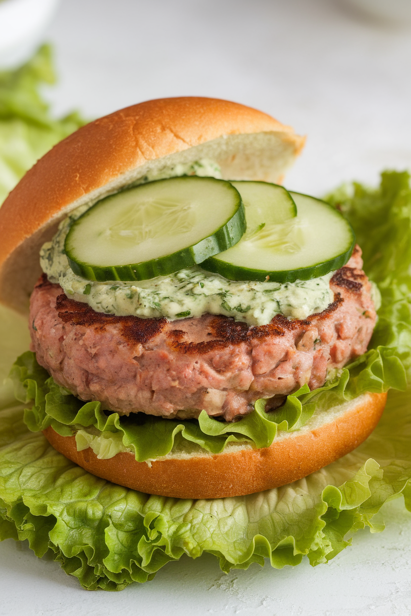 Indoor photo of turkey burger patties topped with green herb sauce and sliced cucumber, served bun-less on lettuce, no text or logos.