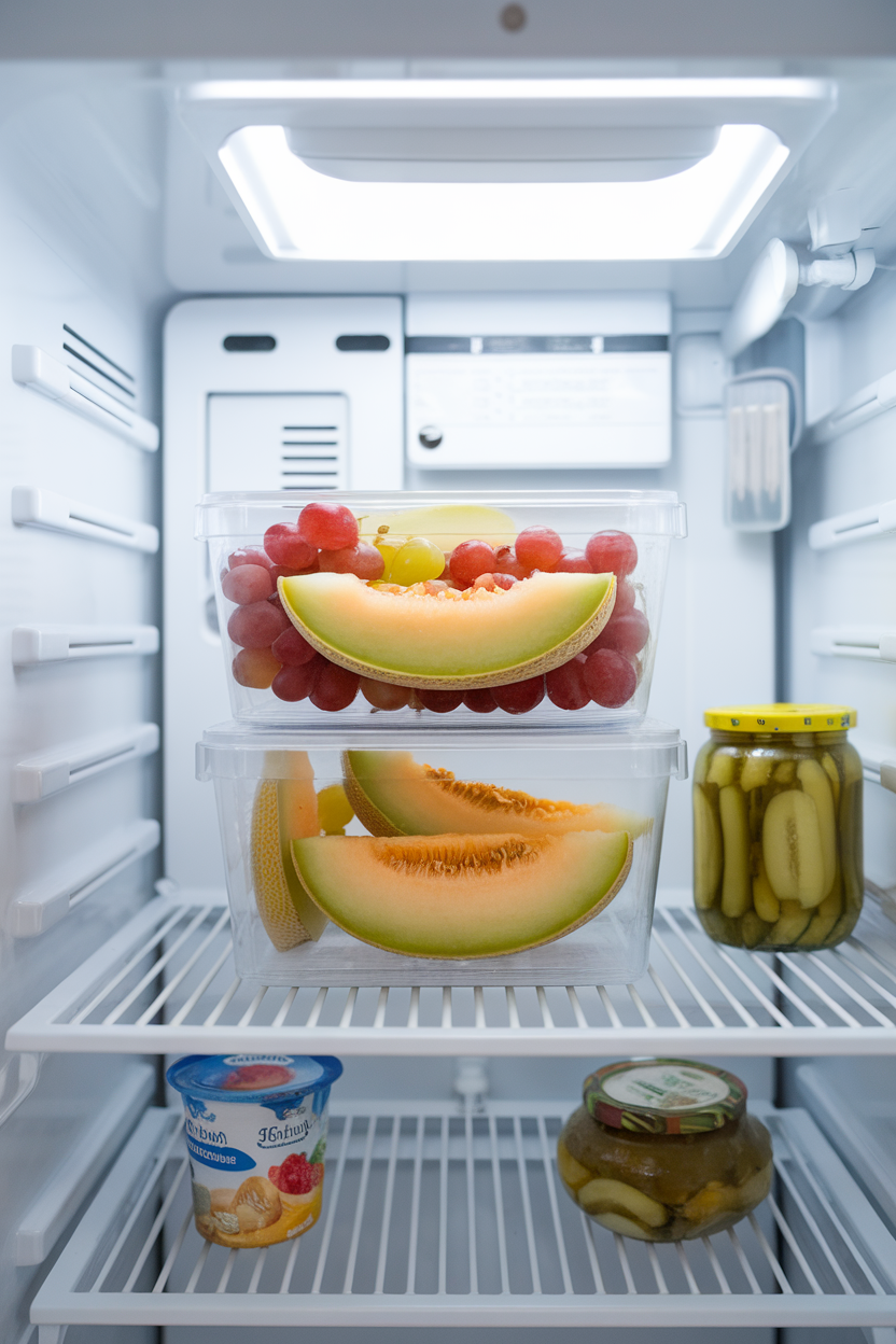 Indoor photo of a refrigerator shelf with a transparent container of sliced melon and grapes at eye level, bright interior fridge lighting, no text or logos
