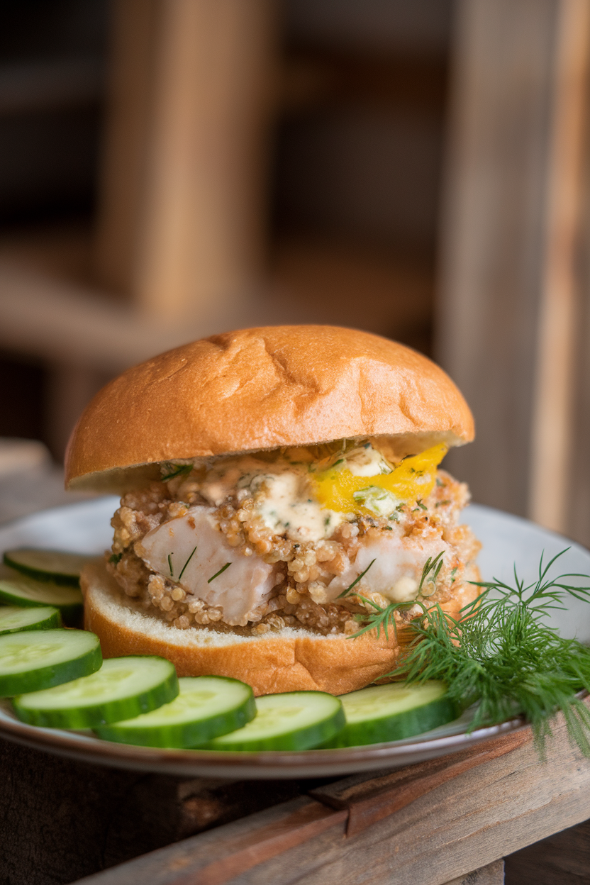Photo of a cod-quinoa burger with dill and citrus zest, served on a plate with cucumber slices indoors; no text or logos; photo, not illustration