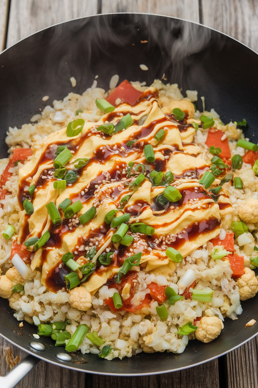 An indoor wok scene with cauliflower rice stir-fried alongside diced veggies, scrambled egg ribbons, and soy-ginger sauce, steam rising. No text or logos present. Photo, not illustration.