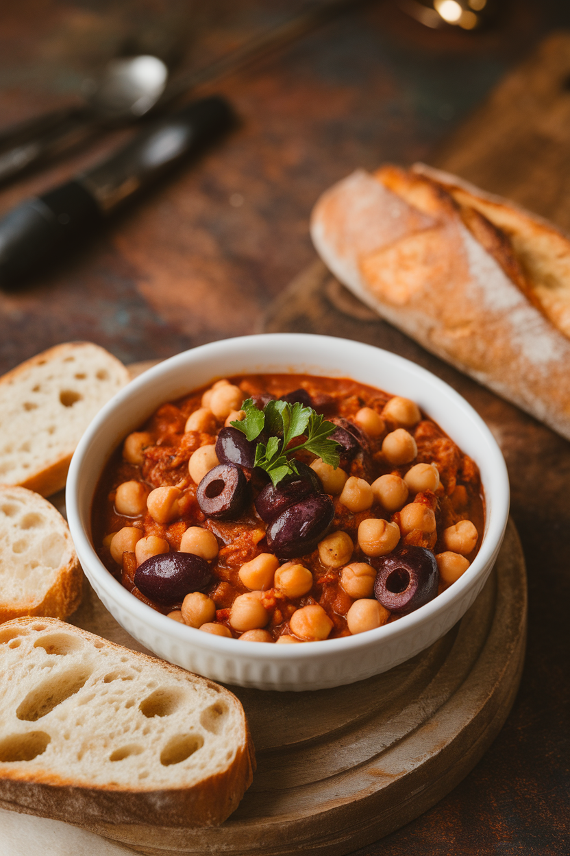 Indoor photo of olive-studded chickpea chili garnished with parsley, warm indoor lighting; no text or logos.