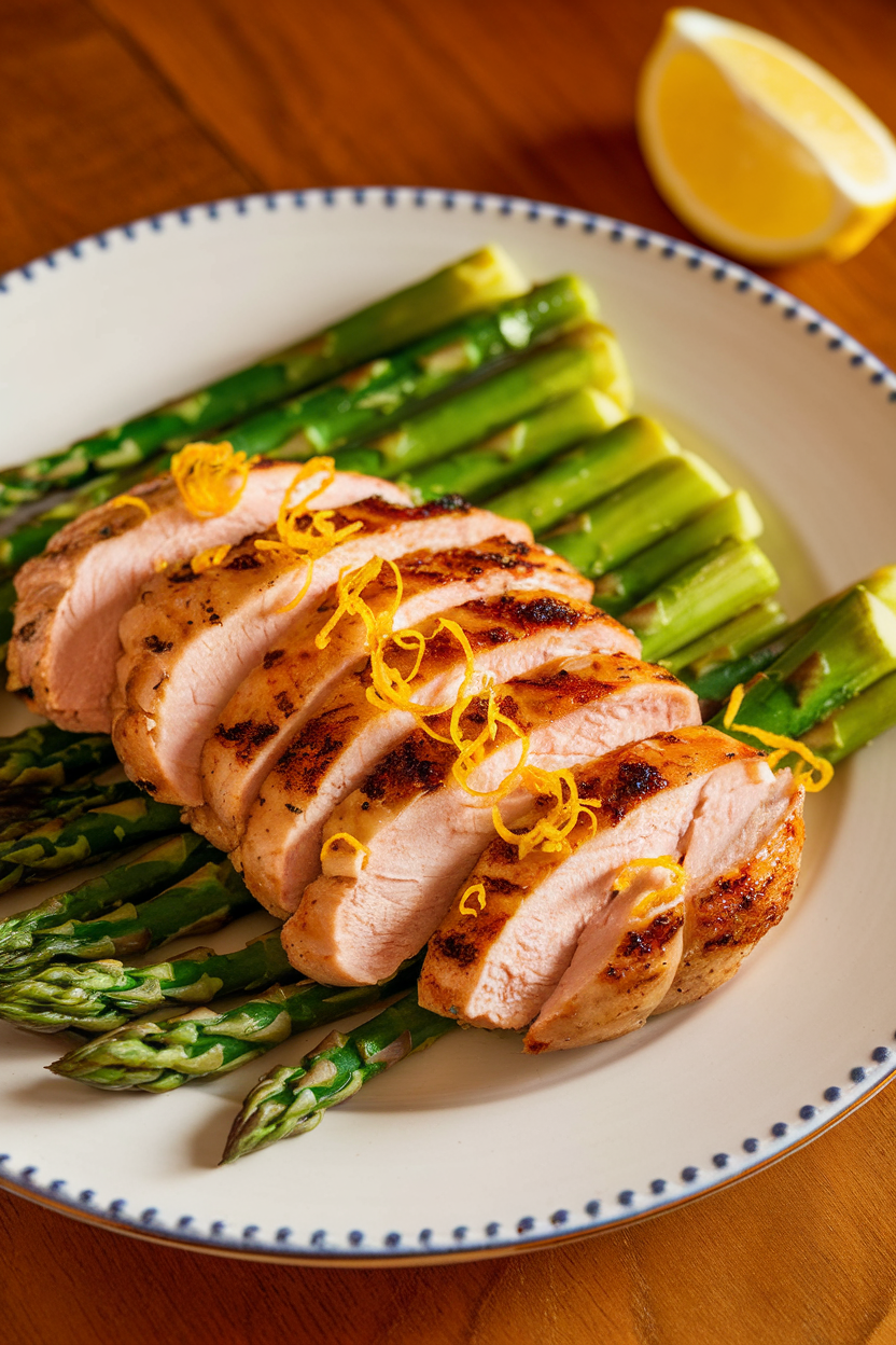 Indoor photo of sliced grilled chicken breast topped with lemon zest beside bright-green asparagus spears on a white plate. Warm lighting, no text or logos.