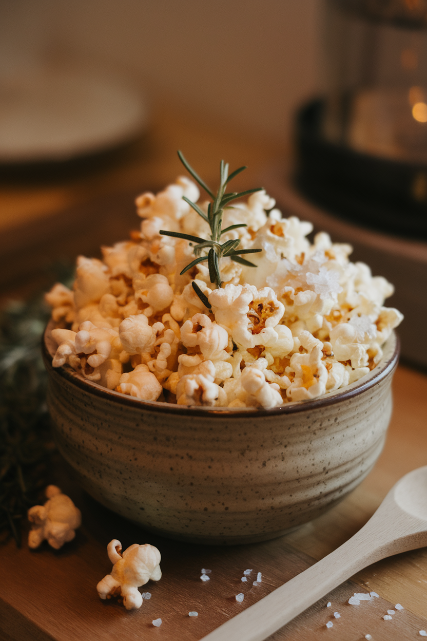 Indoor ceramic bowl filled with freshly popped popcorn sprinkled with minced rosemary and sea salt. Warm ambient lighting; no text or logos.