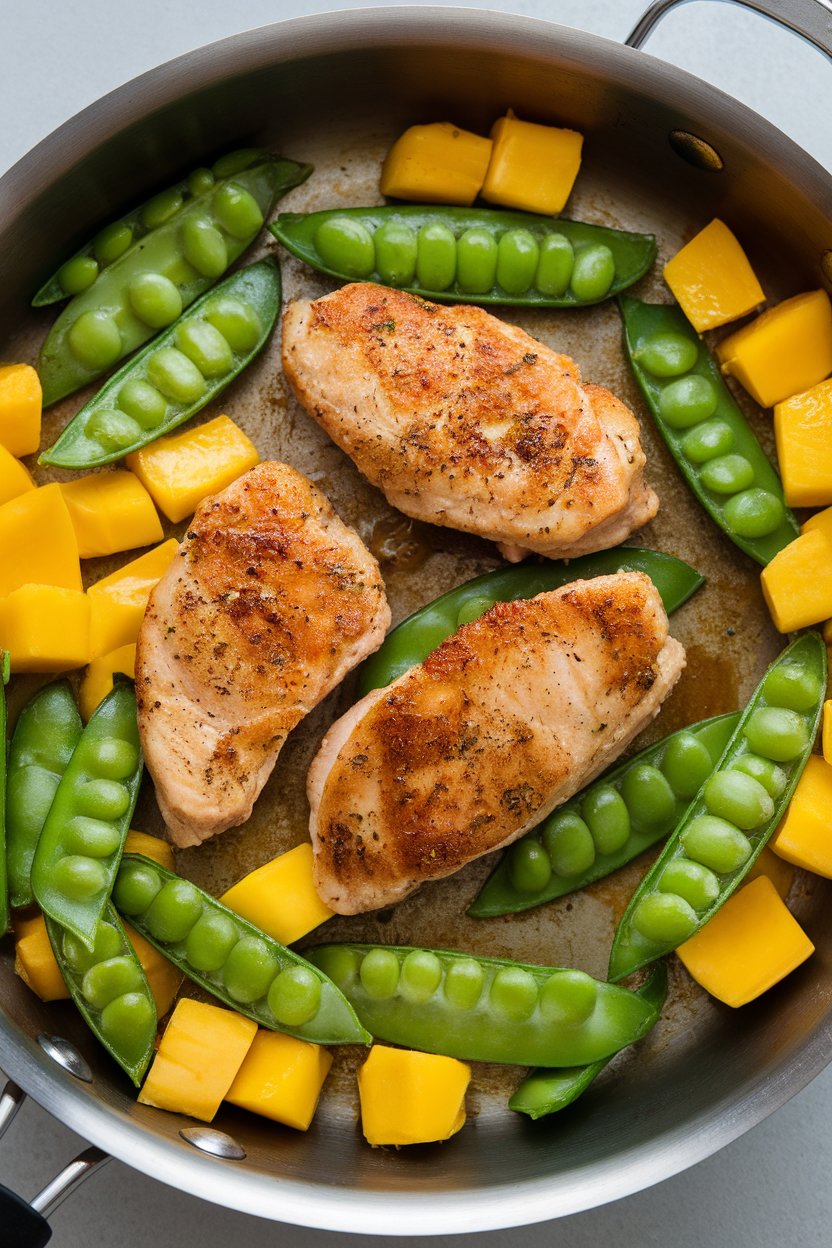 An indoor skillet featuring juicy chicken strips, bright green snap peas, and ripe mango chunks, light sauce visible. No text or logos.