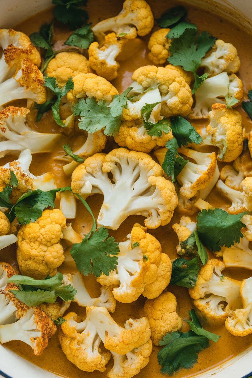 Indoor photo of golden cauliflower florets bathed in coconut curry sauce, garnished with cilantro. No logos or text present.