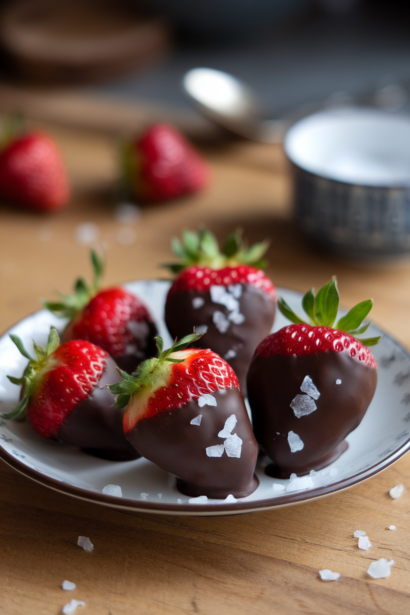 Indoor dessert plate showing ripe strawberries half-dipped in glossy dark chocolate, sprinkled with flaky sea salt—photo, no text or logos.