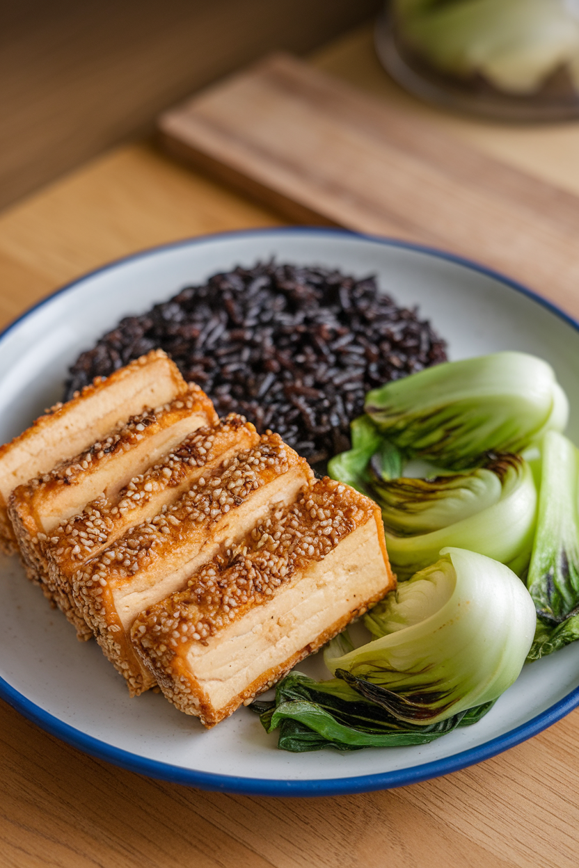 Indoor photo of sesame crusted tofu slices, black rice, and stir-fried baby bok choy on a plate. No text or logos.