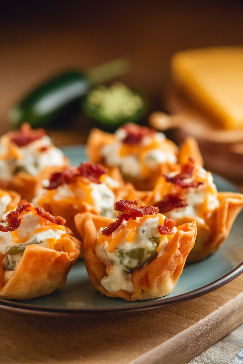 Photo of an indoor plate featuring crispy wonton cups filled with creamy jalapeño and cheddar mixture, bacon bits on top; no text or logos.