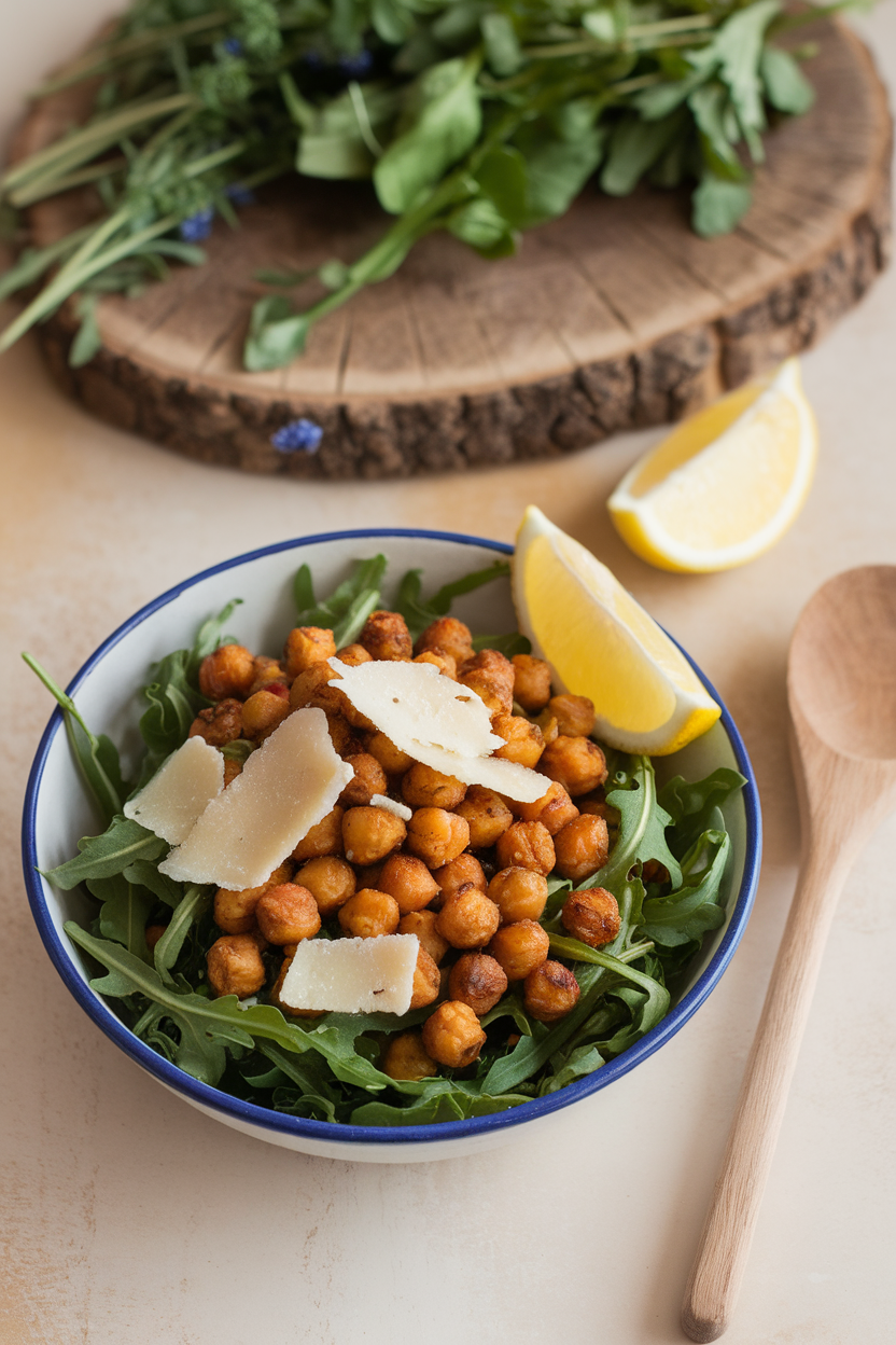 Photo of an indoor setup with a bowl of peppery arugula topped with crispy roasted chickpeas, shaved parmesan, and lemon wedges. No logos or text.
