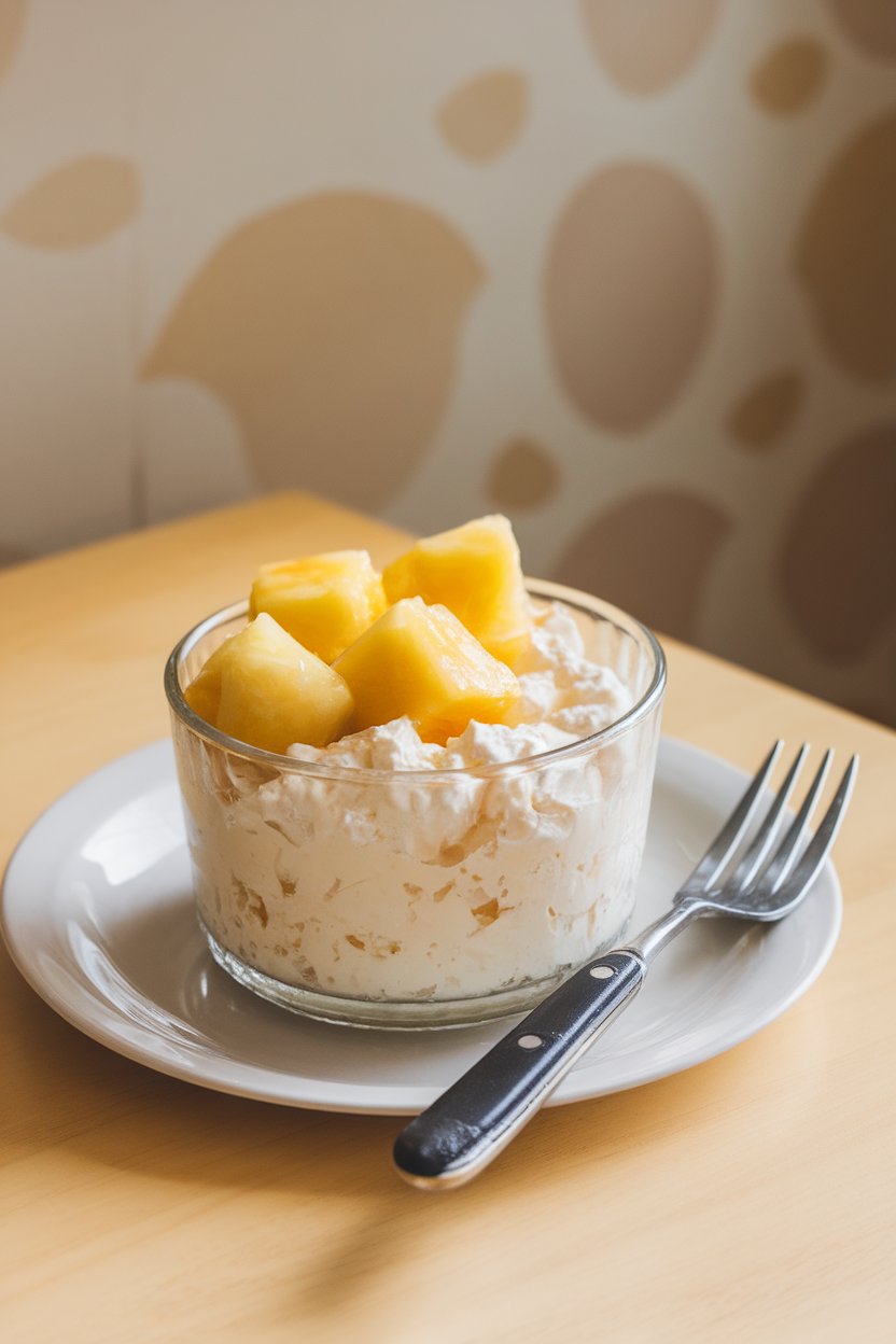 An indoor breakfast nook table with a small glass bowl of cottage cheese topped with pineapple chunks and a fork alongside. Photo, no text or logos.