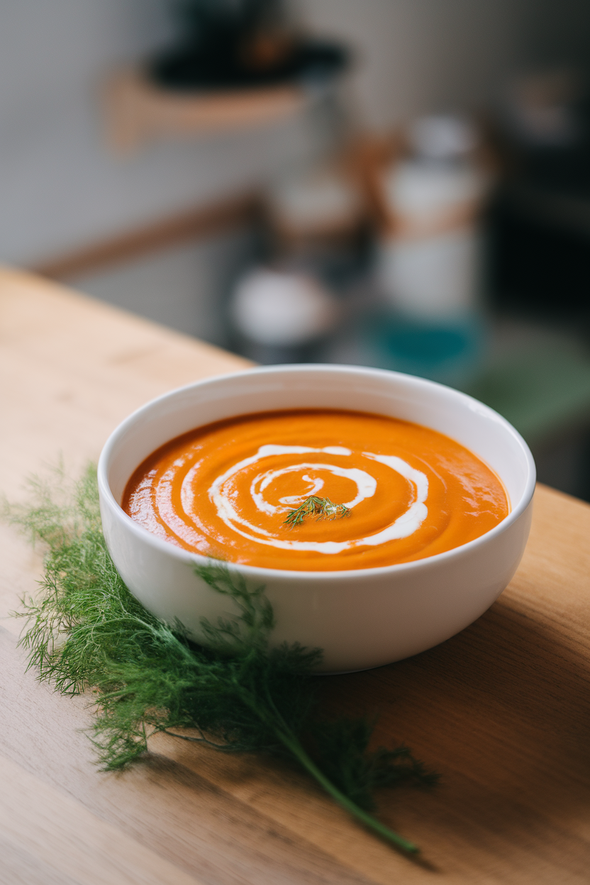 Indoor photo of smooth orange carrot soup in a white bowl, swirl of coconut milk; no text or logos