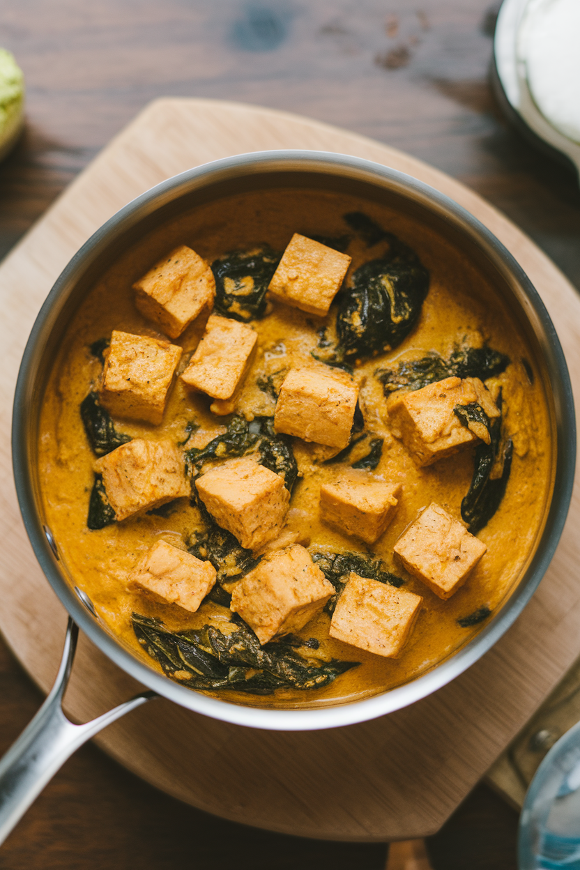 Indoor saucepan of golden coconut curry with cubed tempeh and spinach, overhead view. No text or logos.