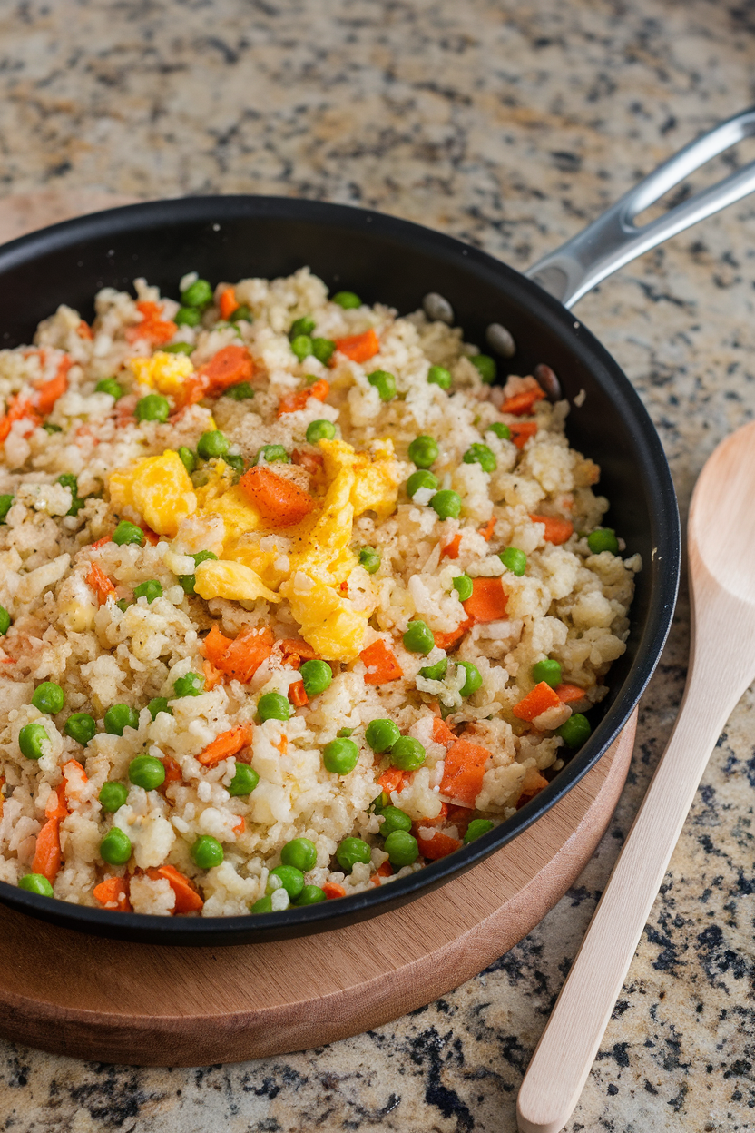 Indoor photo of a skillet filled with cauliflower rice stir-fried with peas, carrots, and scrambled egg; no text or logos.