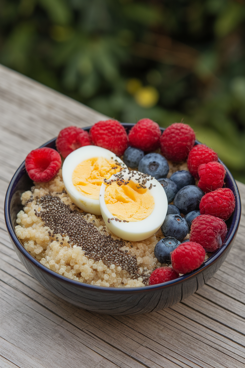 Indoor bowl featuring cooked quinoa, sliced hard-boiled egg, chia seeds, and fresh berries arranged neatly. No text or logos.