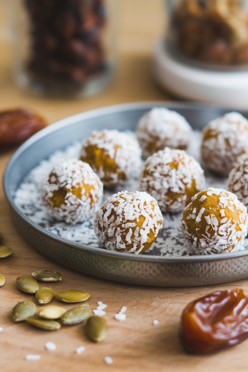 An indoor snack tray with small round energy bites rolled in shredded coconut, a few loose pumpkin seeds and chopped dates scattered nearby. No text or logos; photograph.