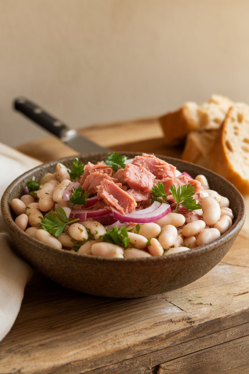 Photo of a rustic bowl with white beans, flaked tuna, red onion, and parsley dressed in olive oil. Indoor scene, no text or logos.</Prompt