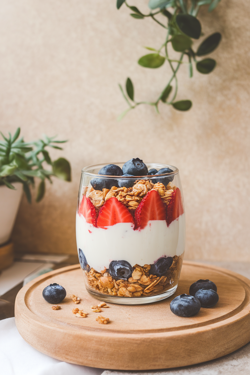 Indoor breakfast nook shot of clear glasses layered with vanilla yogurt, strawberry puree, blueberries, and granola. No text or logos.