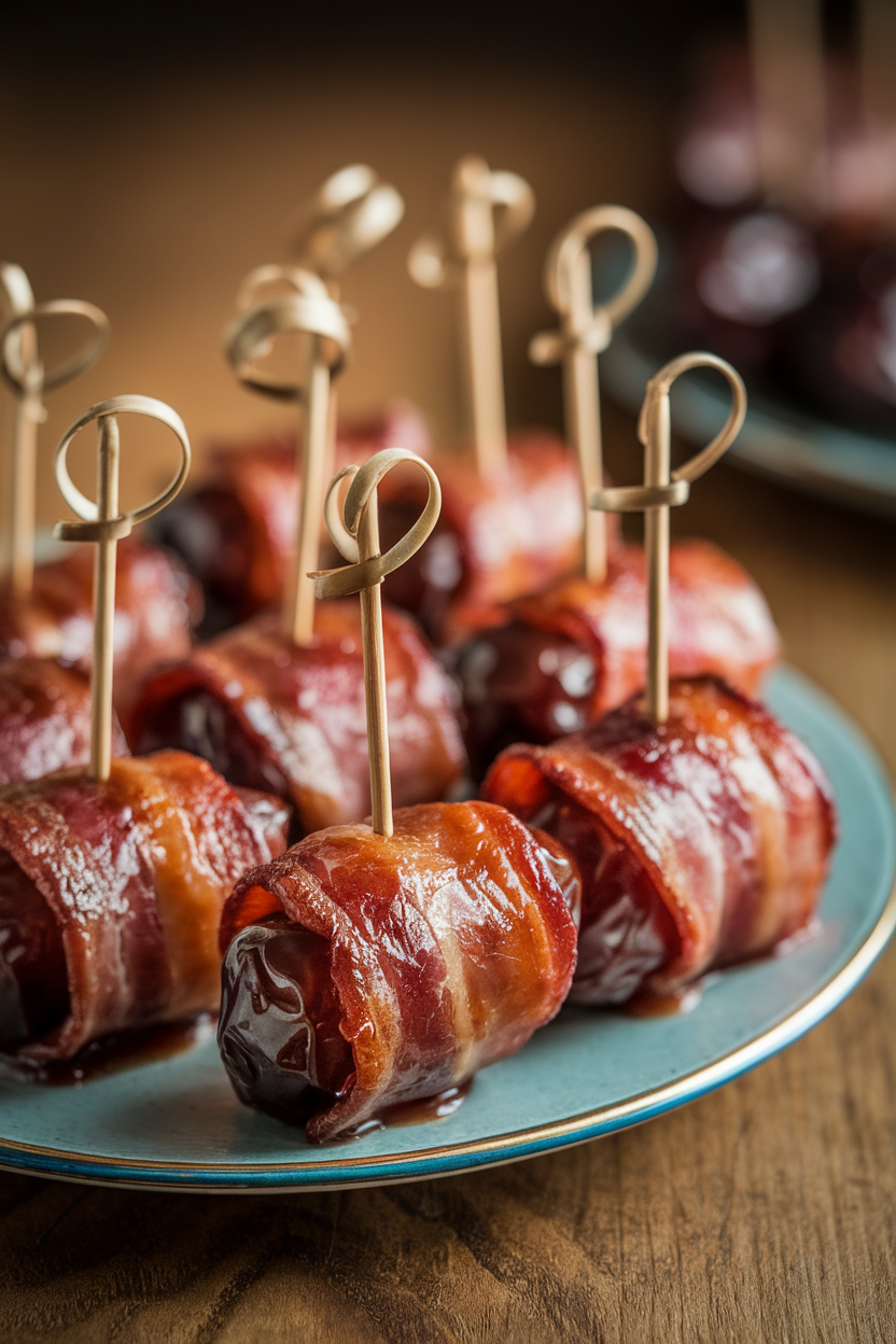 Indoor plate of glistening bacon-wrapped dates skewered with cocktail sticks, maple glaze visible; soft overhead lighting, no text or logos
