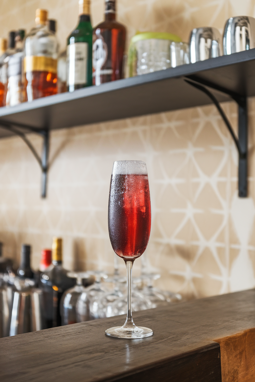 An indoor bar shelf scene featuring a flute of dark garnet champagne cocktail with icy condensation. Photo, not illustration. No text or logos.