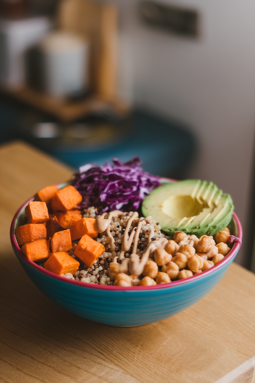 An indoor table displaying a colorful bowl arranged with roasted sweet potato cubes, quinoa, avocado slices, purple cabbage, chickpeas, and a drizzle of creamy tahini dressing. No text or logos. Photo.