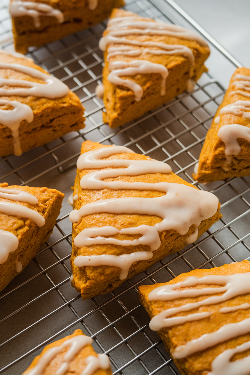 An indoor bakery setting with triangular pumpkin scones on a cooling rack, light maple glaze drizzled—no text or logos; photo, not illustration