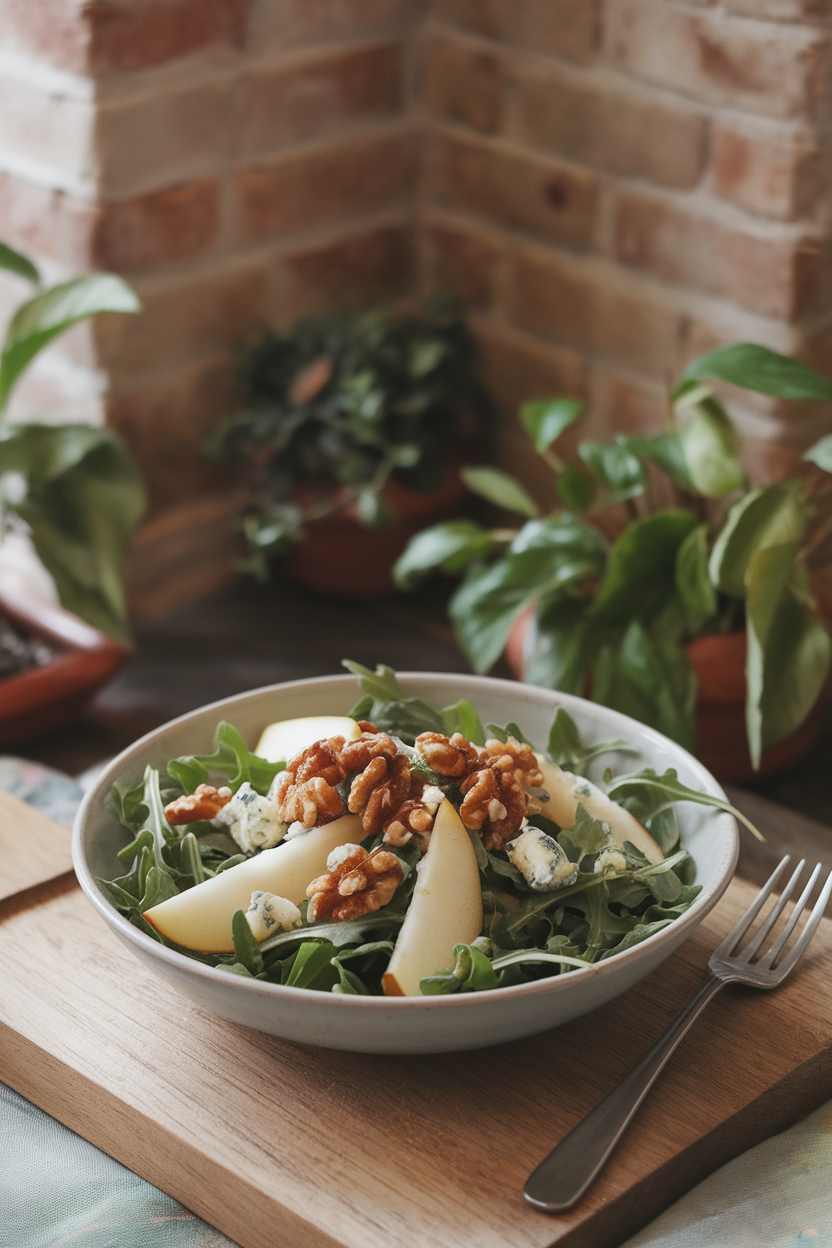 An indoor salad bowl of arugula leaves, sliced pears, crumbled blue cheese, and candied walnuts, photo, no text or logos.