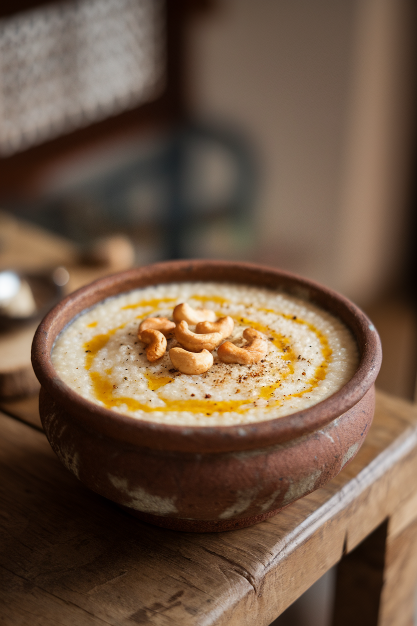 Photo prompt: A rustic ceramic bowl of creamy millet pongal drizzled with ghee and topped with black pepper and roasted cashews, indoors on a wooden table. No text or logos anywhere.