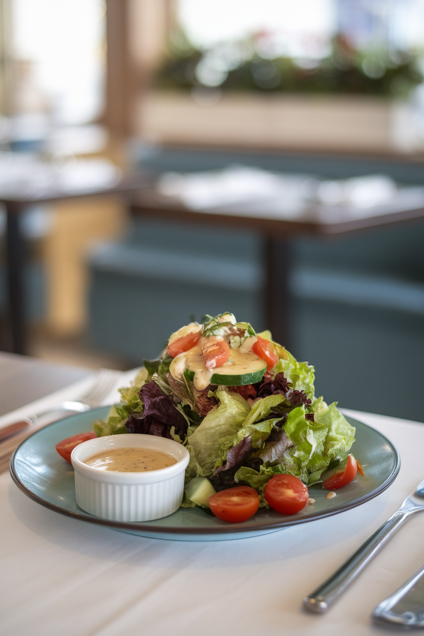 Indoor restaurant plate with small ramekin of dressing placed beside a salad—photo, no identifiable restaurant logos.
