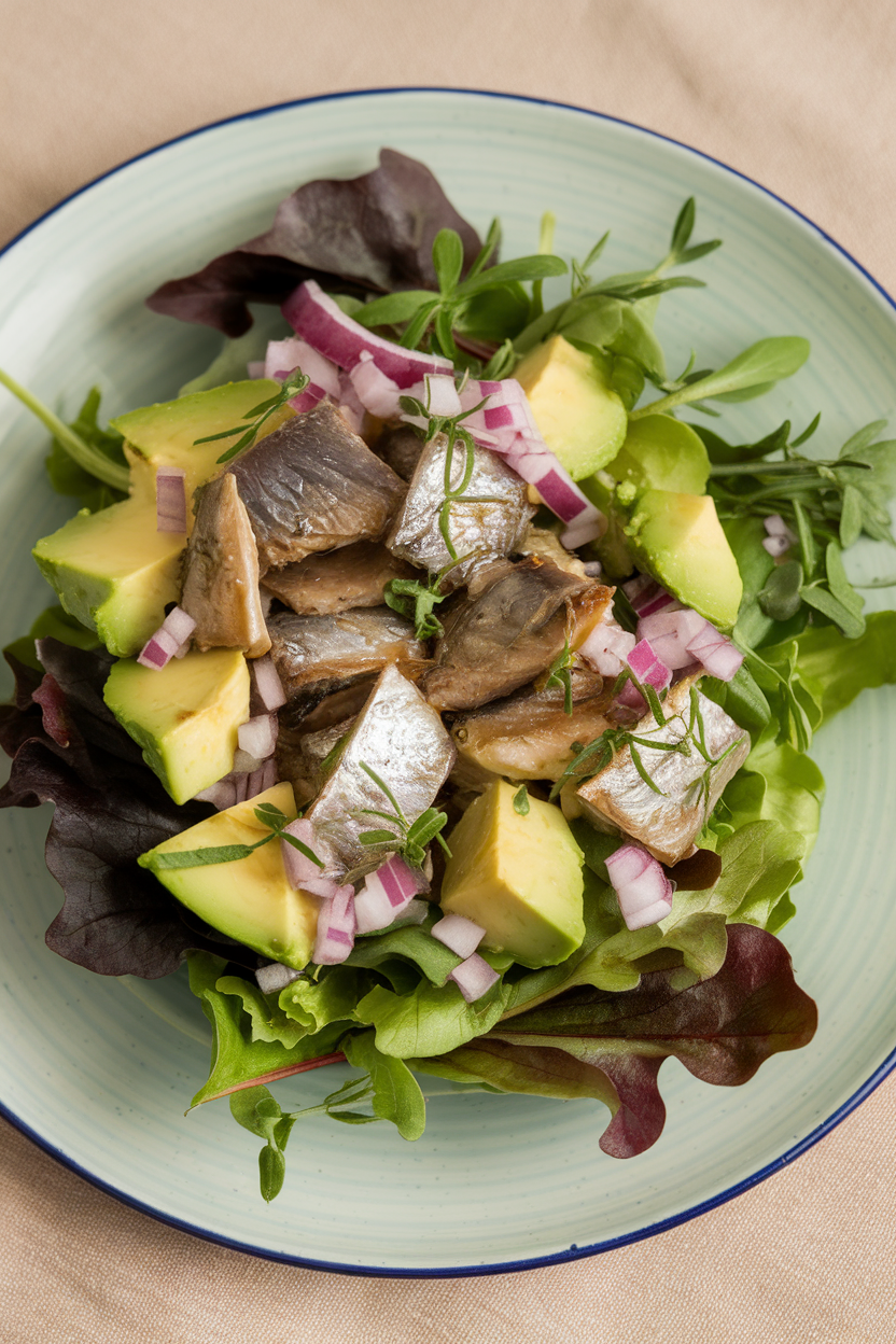 An indoor plate showing flaked canned sardines mixed with diced avocado, red onion, and herbs on a bed of mixed greens. No text or logos visible.