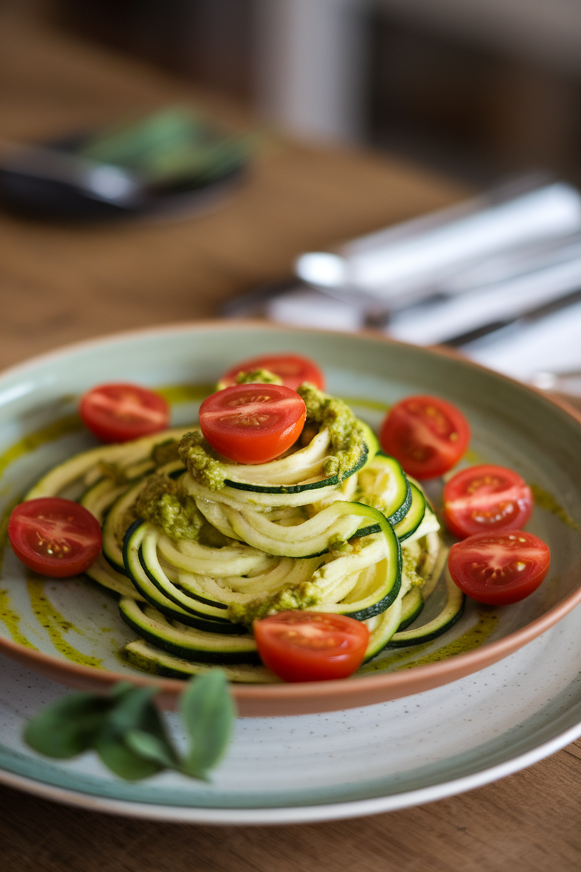 An indoor photo of zucchini noodles twirled with bright green basil pesto and cherry tomato halves on a shallow plate. No text or logos.