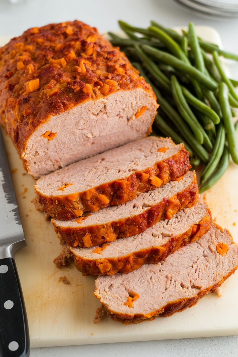 Indoor photo of sliced turkey meatloaf with orange flecks of sweet potato on a cutting board, no text or logos.