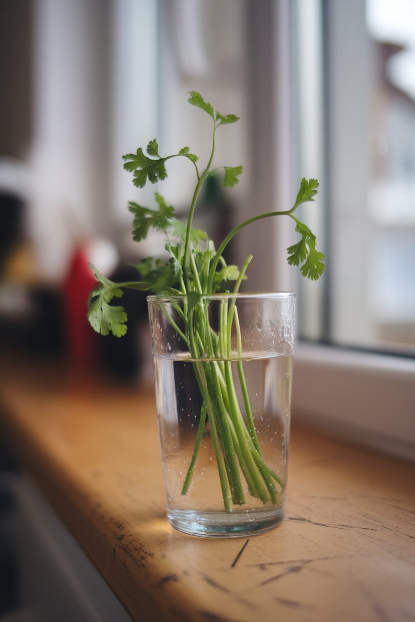 Photo of fresh cilantro stems standing upright in a glass of water on a kitchen windowsill indoors. Daylight, no text or logos.