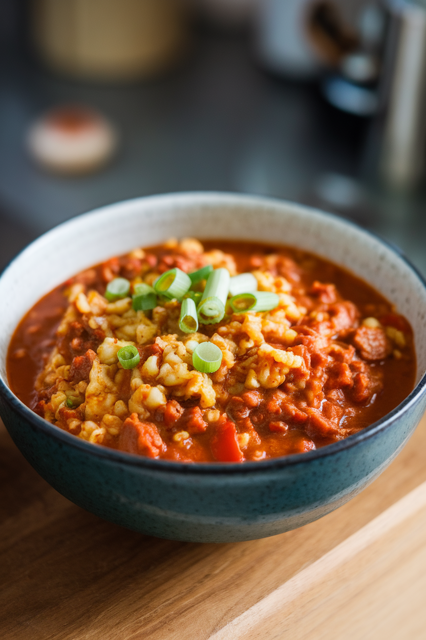 Indoor photo of beef chili thickened with cauliflower rice, bits of red bell pepper visible, topped with scallions; no text or logos.