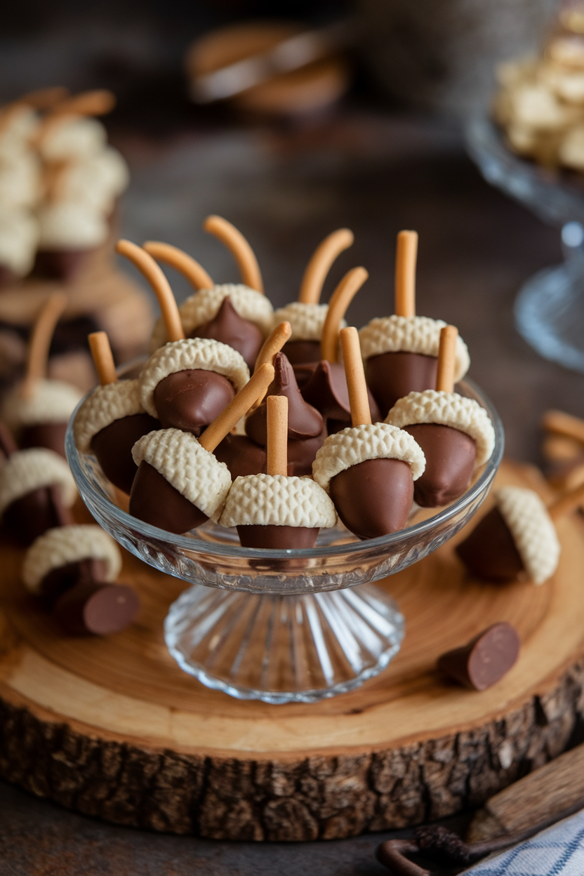 An indoor dessert saucer holding miniature acorn candies made from chocolate kisses, mini vanilla wafers, and butterscotch chips as stems. Photo, no text or logos.