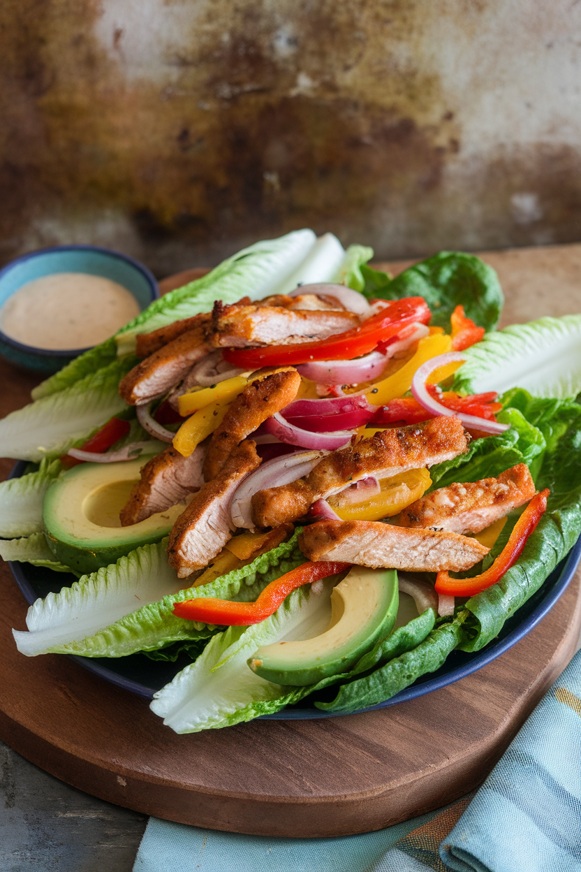 An indoor platter holding romaine leaves piled with sizzling chicken strips, peppers, onions, and avocado slices. No text or logos. Photo.