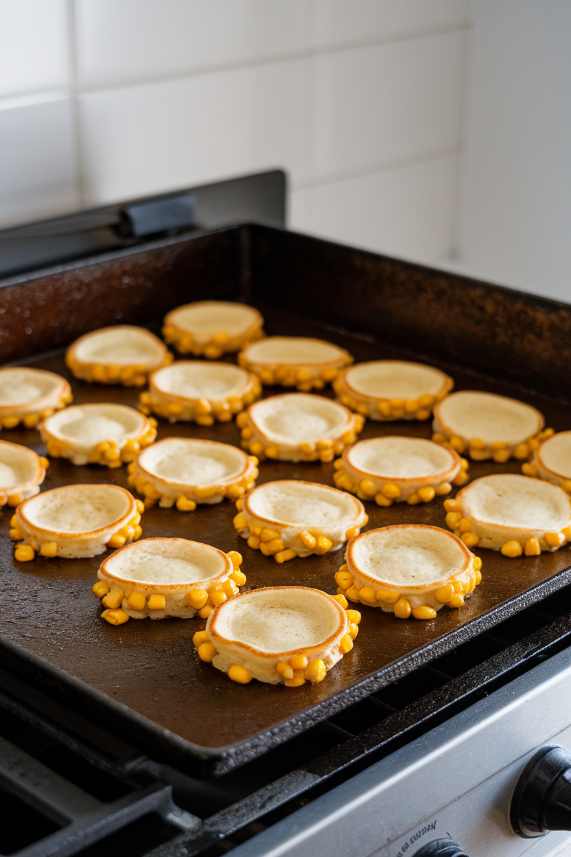 An indoor griddle with rows of mini sweet corn pancakes, golden edges visible. No text or logos.