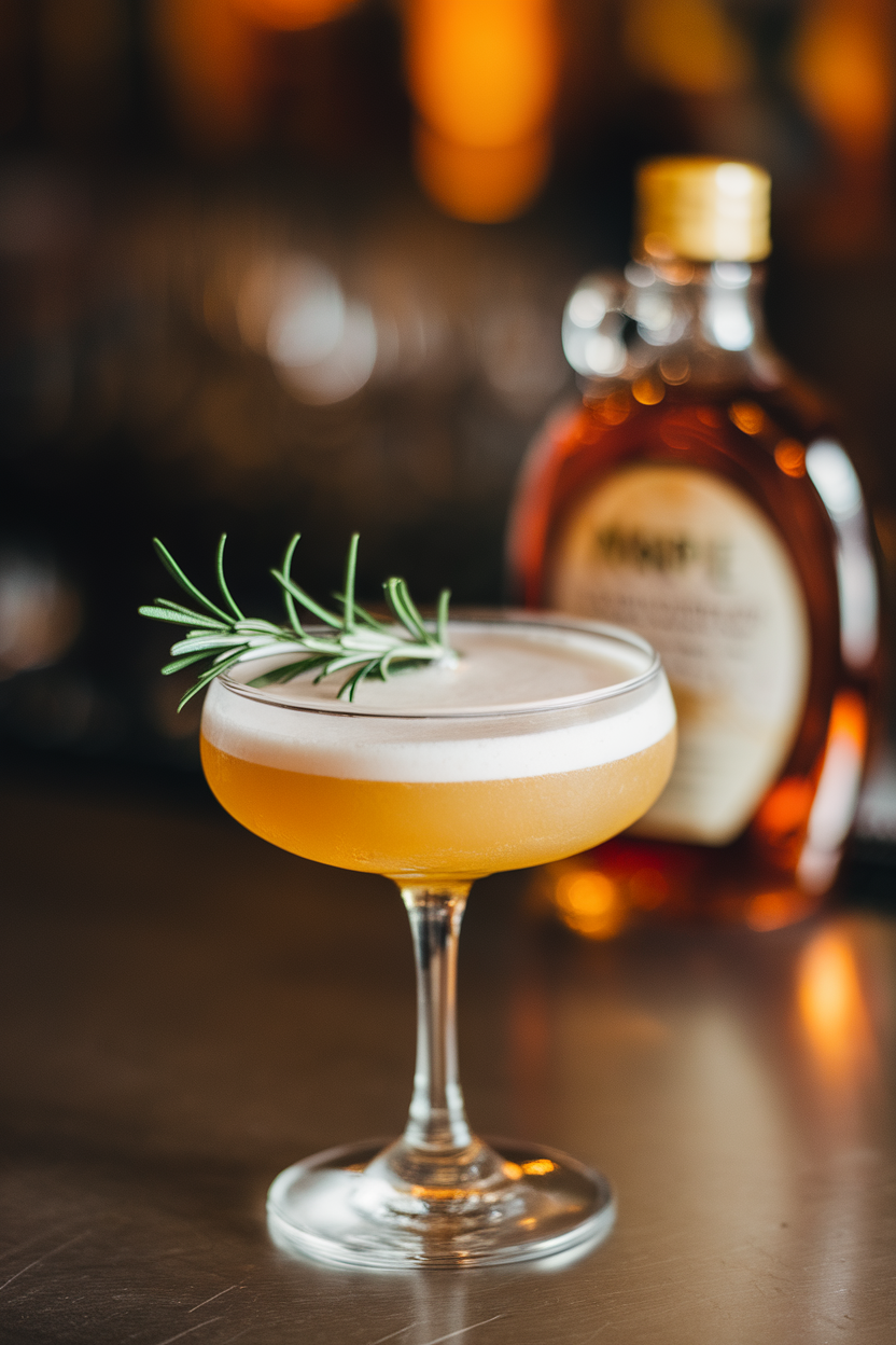Indoor bar surface showing a coupe glass of frothy whiskey sour topped with a small rosemary sprig, maple syrup bottle blurred in background. Photo, no text or logos.