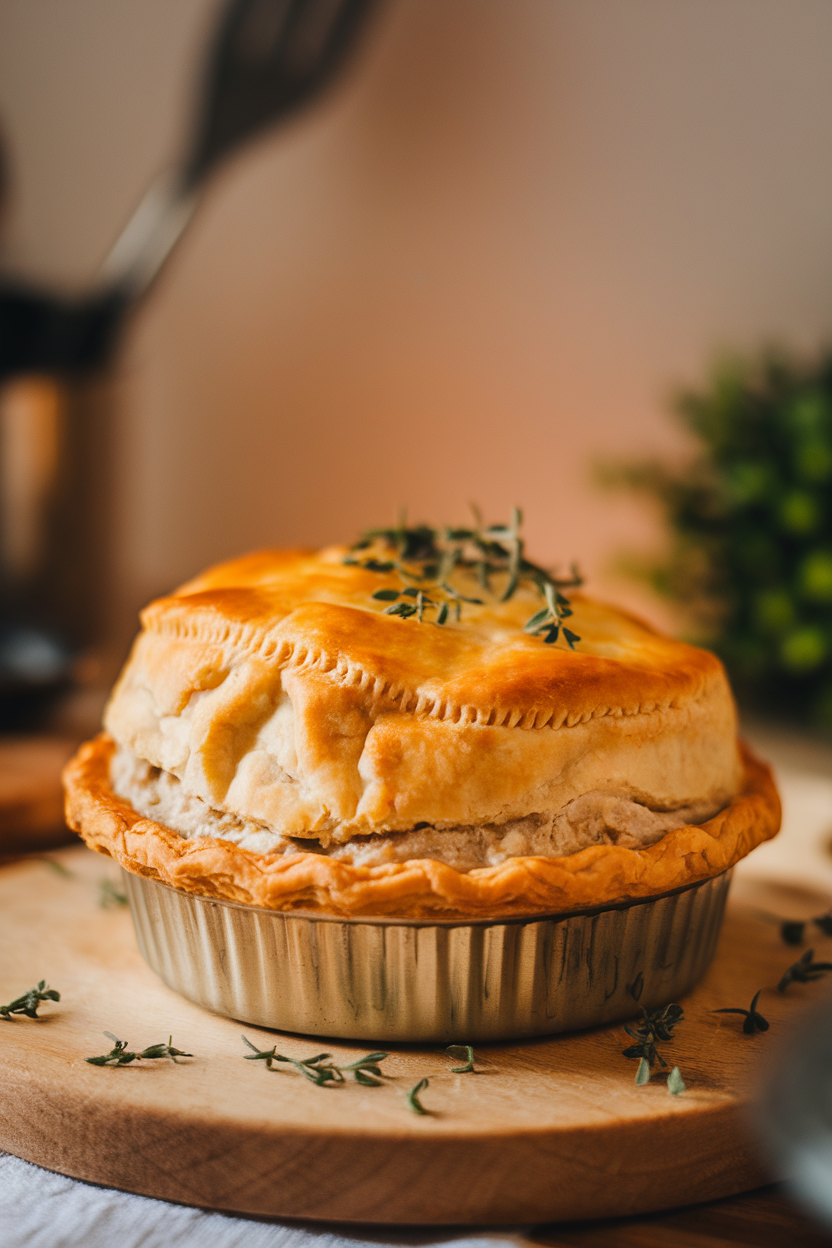 Indoor photo of a slice of golden turkey pot pie with flaky crust and creamy filling, no text or logos.