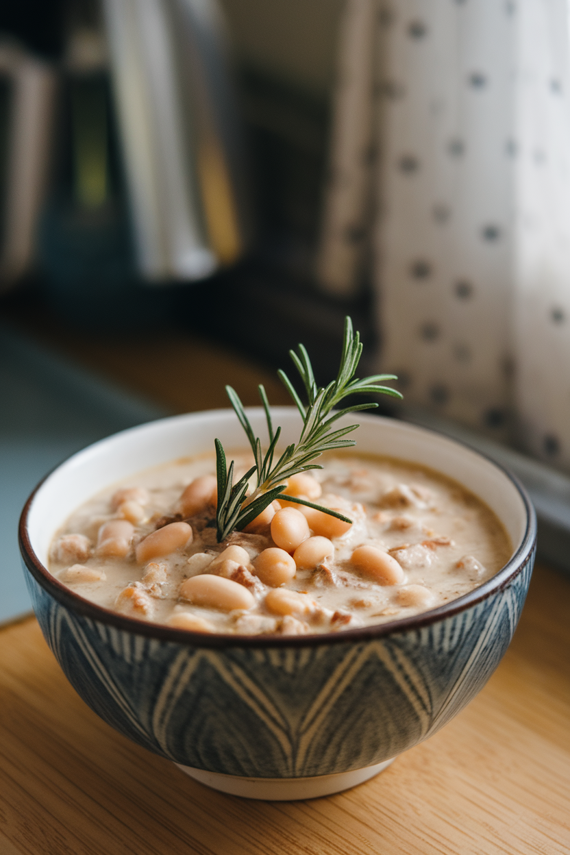 Indoor photo of white chili with turkey and white beans, rosemary sprig on top; no text or logos.