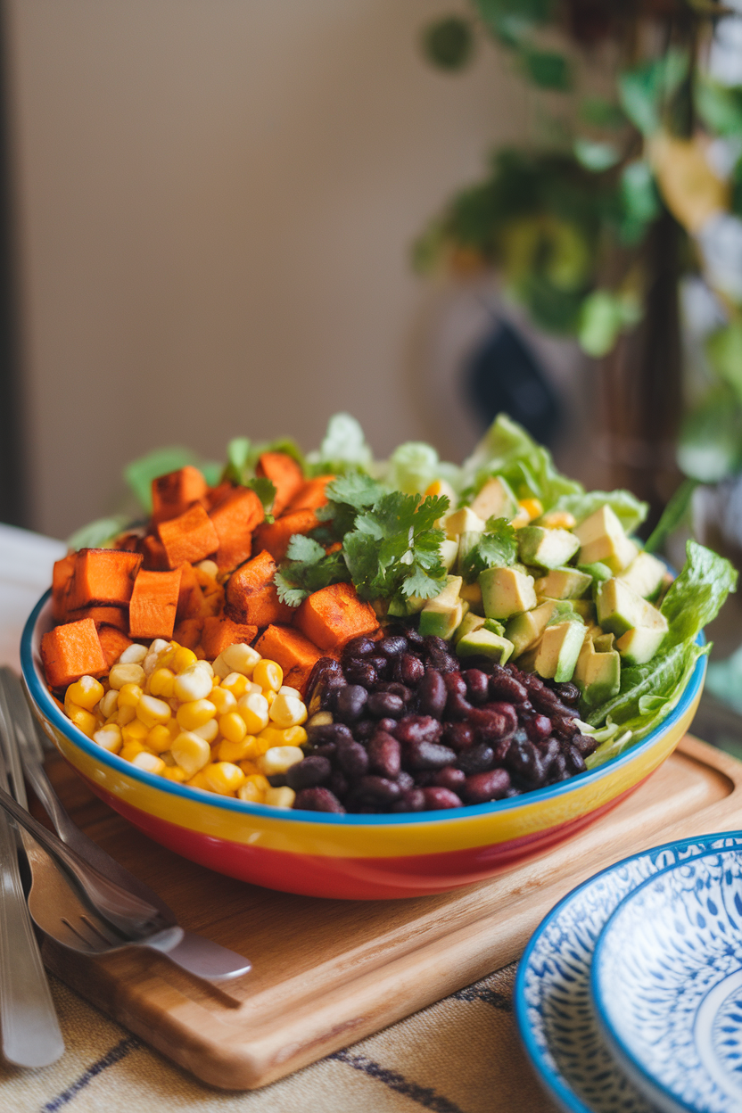 Photo of an indoor counter showing a colorful salad bowl with roasted sweet potato cubes, black beans, chopped romaine, diced avocado, and corn, sprinkled with cilantro. No text or logos.