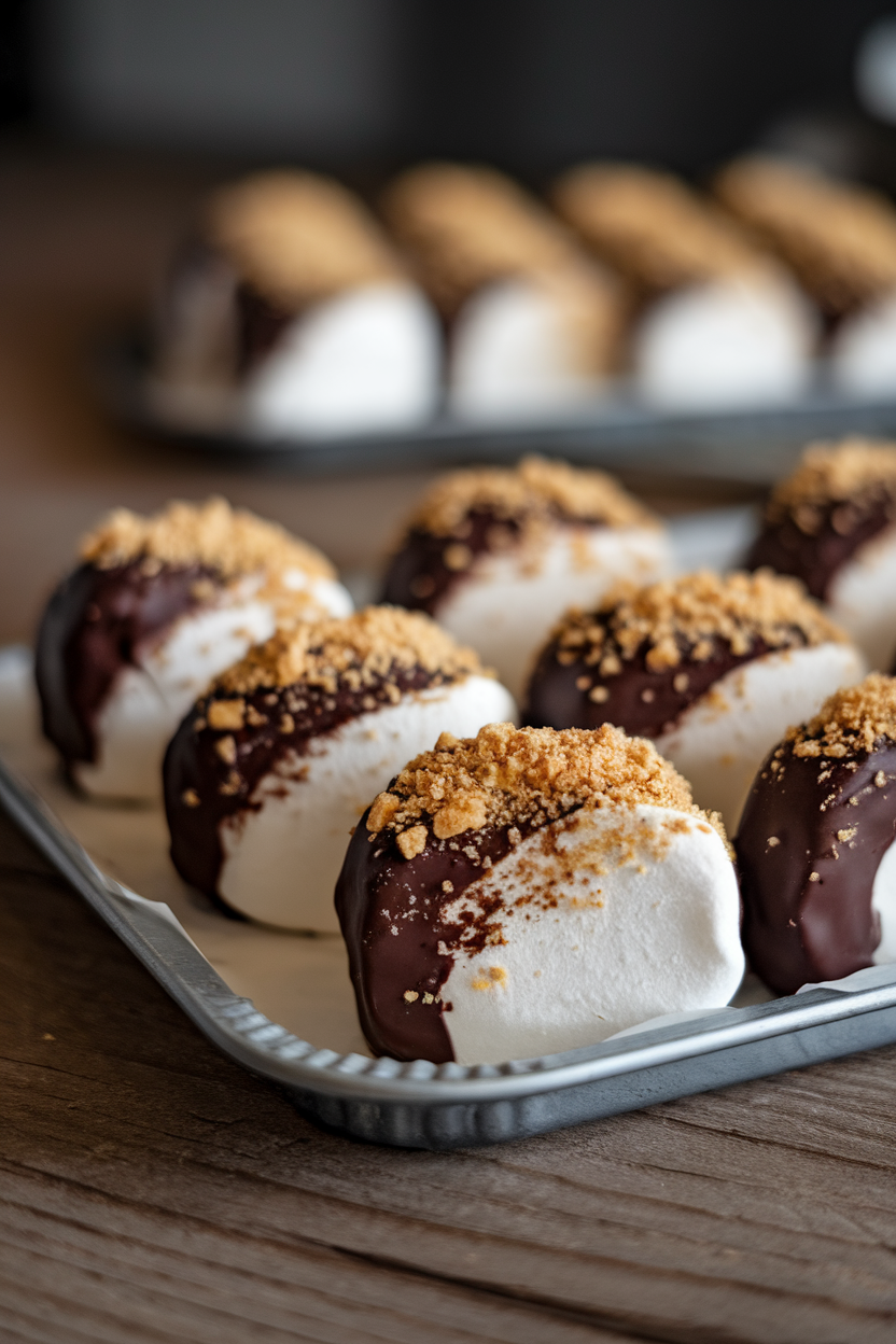 Indoor tray of fluffy marshmallows half-dipped in dark chocolate and sprinkled with crushed graham cracker crumbs; no logos. Photo, not illustration.